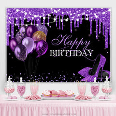 Ballons violets paillettes talons joyeux anniversaire toile de fond