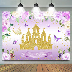 Fleurs scintillantes violettes et toile de fond d'anniversaire de château