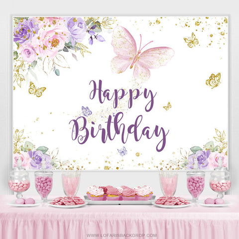 Toile de fond de joyeux anniversaire de papillon de paillettes d'or violet