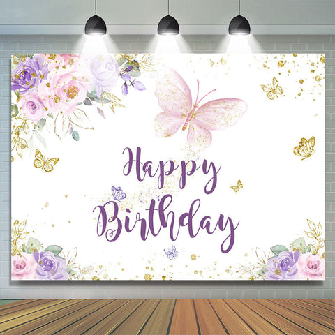 Toile de fond de joyeux anniversaire de papillon de paillettes d'or violet