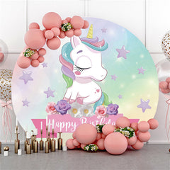 Toile de fond ronde joyeux anniversaire licorne pentagramme violet