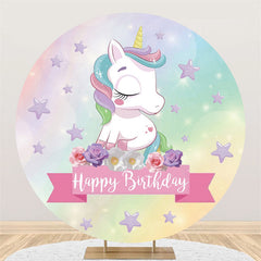 Toile de fond ronde joyeux anniversaire licorne pentagramme violet