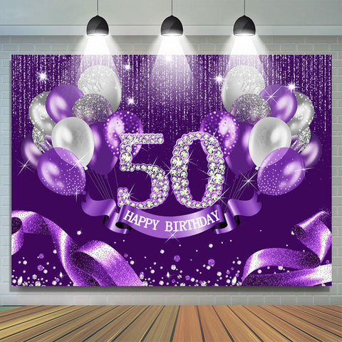 Ruban argent violet joyeux 50e anniversaire toile de fond