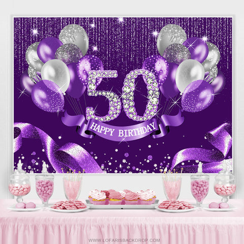 Ruban argent violet joyeux 50e anniversaire toile de fond