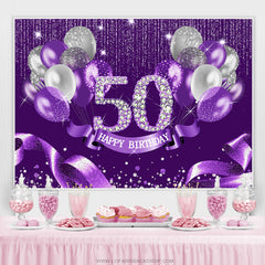 Ruban argent violet joyeux 50e anniversaire toile de fond