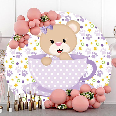 Ours de tasse de thé violet, toile de fond ronde pour fête prénatale pour filles