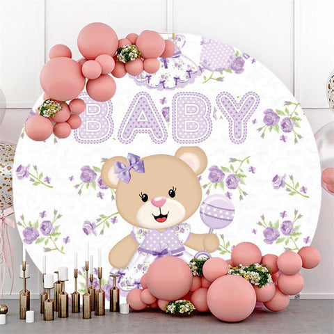 Ours en peluche violet et toile de fond ronde florale pour baby shower