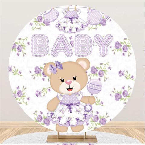 Ours en peluche violet et toile de fond ronde florale pour baby shower