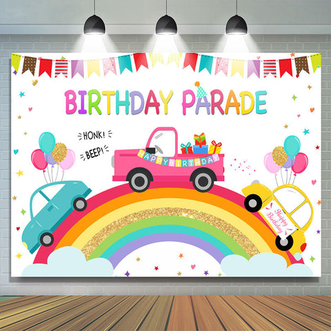 Toile de fond du thème du défilé d'anniversaire de voiture arc-en-ciel et dessin animé