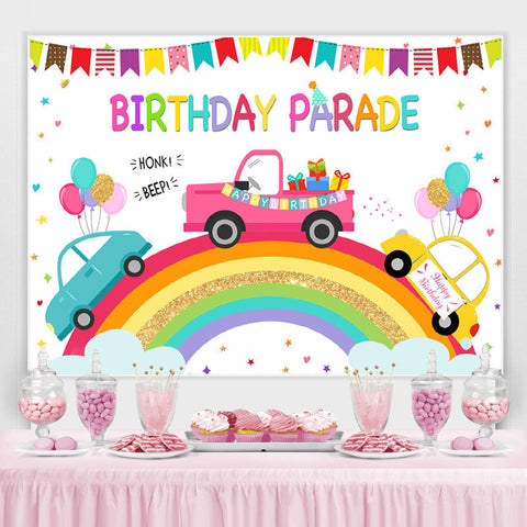 Toile de fond du thème du défilé d'anniversaire de voiture arc-en-ciel et dessin animé