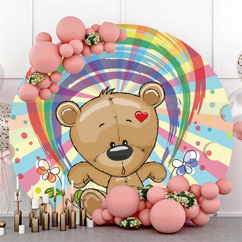 Toile de fond ronde pour fête prénatale pour filles, arc-en-ciel et ours en peluche