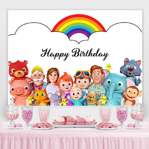 Toile de fond de décor de fête de dessin animé arc-en-ciel pour anniversaire