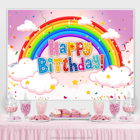 Arc-en-ciel nuage confettis rose joyeux anniversaire toile de fond