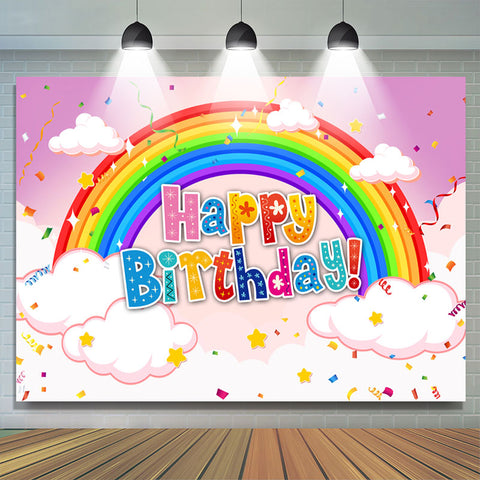 Arc-en-ciel nuage confettis rose joyeux anniversaire toile de fond