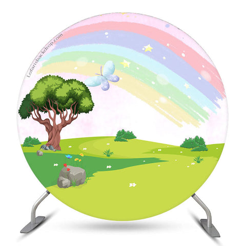 Toile de fond ronde de prairie féerique arc-en-ciel pour décor de fête