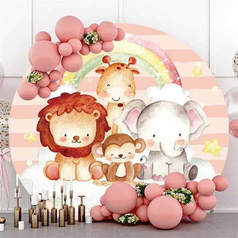 Toile de fond ronde pour fête d'anniversaire, animaux de safari arc-en-ciel