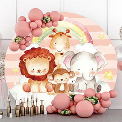 Toile de fond ronde pour fête d'anniversaire, animaux de safari arc-en-ciel