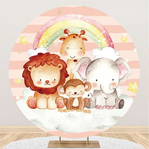 Toile de fond ronde pour fête d'anniversaire, animaux de safari arc-en-ciel