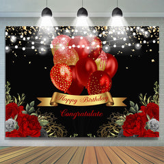 Ballon Rouge Rose Joyeux Anniversaire Avec Paillettes Dorées Sur Fond Noir