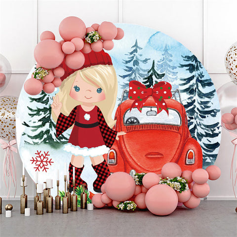 Toile de fond ronde d'anniversaire d'arbre de neige de voiture rouge pour fille