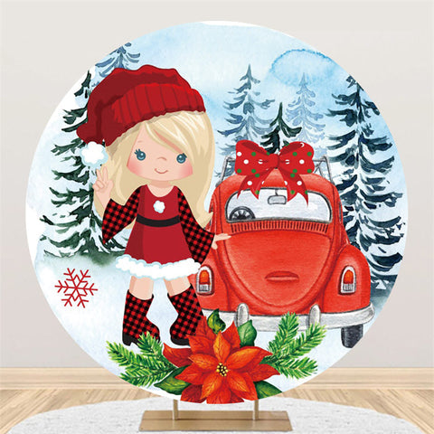 Toile de fond ronde d'anniversaire d'arbre de neige de voiture rouge pour fille