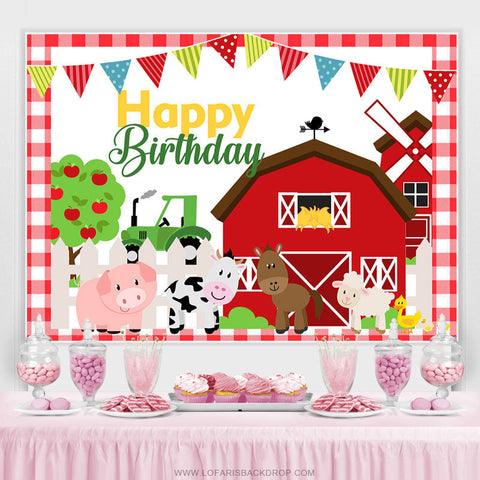 Fond de joyeux anniversaire maison de ferme rouge et animaux