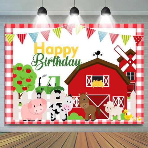 Fond de joyeux anniversaire maison de ferme rouge et animaux