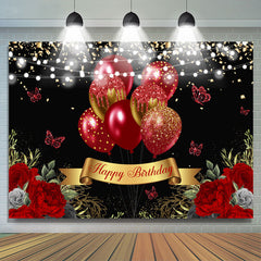 Toile de fond joyeux anniversaire papillon rouge scintillant or