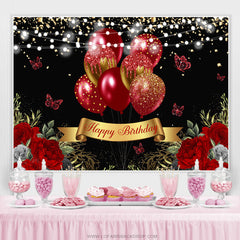 Toile de fond joyeux anniversaire papillon rouge scintillant or