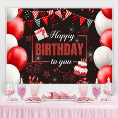 Drapeaux de paillettes rouges et ballons joyeux anniversaire toile de fond