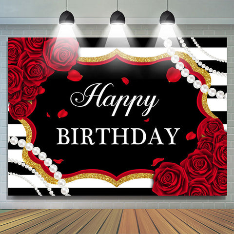 Toile de fond d'anniversaire de perles ¨¤ rayures blanches et noires de roses rouges