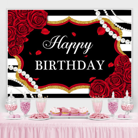 Toile de fond d'anniversaire de perles ¨¤ rayures blanches et noires de roses rouges