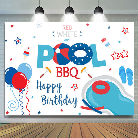 Toile de fond rouge blanc et piscine barbecue ballon joyeux anniversaire