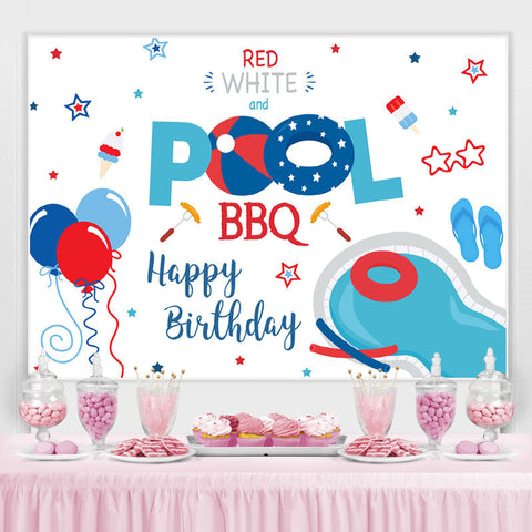 Toile de fond rouge blanc et piscine barbecue ballon joyeux anniversaire