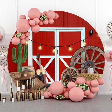 Rodeo Red Wood Wall White Door Round Party Backdrop