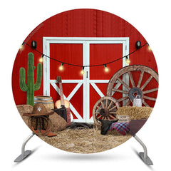 Rodeo Red Wood Wall White Door Round Party Backdrop
