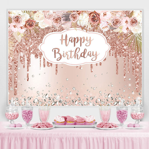 Toile de fond joyeux anniversaire floral et paillettes en or rose