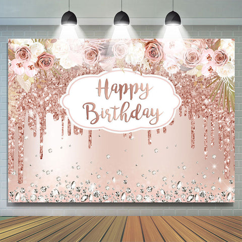 Toile de fond joyeux anniversaire floral et paillettes en or rose