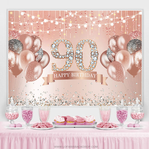 Ballon de paillettes d'or rose Joyeux 90e anniversaire Toile de fond