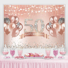 Toile de fond de ballons de diamants scintillants joyeux 50e anniversaire en or rose