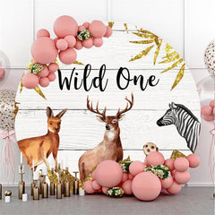Toile de fond d'anniversaire à paillettes en bois, animaux ronds sauvages