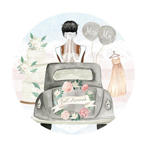 Toile de fond ronde de fête florale de voiture de fille noire pour le mariage