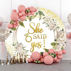 Paillettes d'or rondes, elle a dit oui toile de fond de mariage de fleurs
