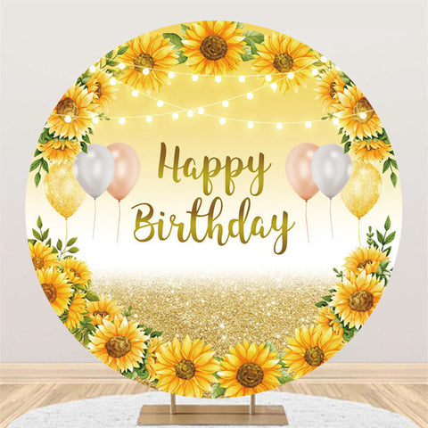 Toile de fond de joyeux anniversaire de ballon de tournesol doré rond