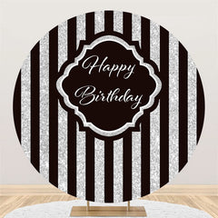 Toile de fond ronde joyeux anniversaire à rayures noires argentées