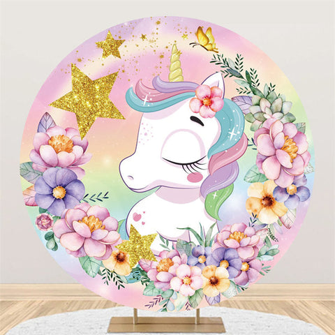 Toile de fond de joyeux anniversaire de paillettes de fleur de licorne ronde