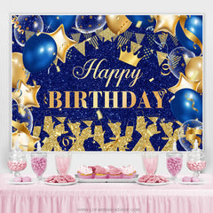 Toile de fond anniversaire ballons bleu royal et paillettes d'or