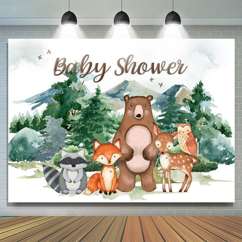 Toile de fond de douche de bébé d'hiver de montagne de safari et de forêt