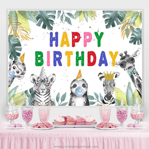 Toile de fond de joyeux anniversaire sur le thème des feuilles de la jungle Safaris