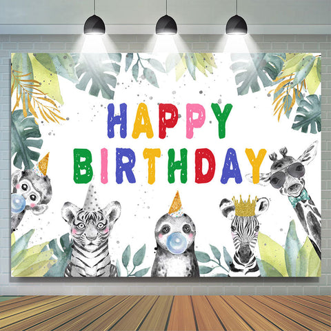 Toile de fond de joyeux anniversaire sur le thème des feuilles de la jungle Safaris